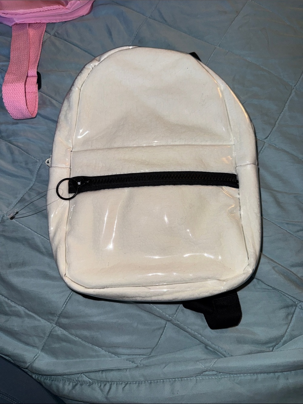 Mini White Patent Backpack Shiny Faux Leather Chunky Black Zipper Small Travel